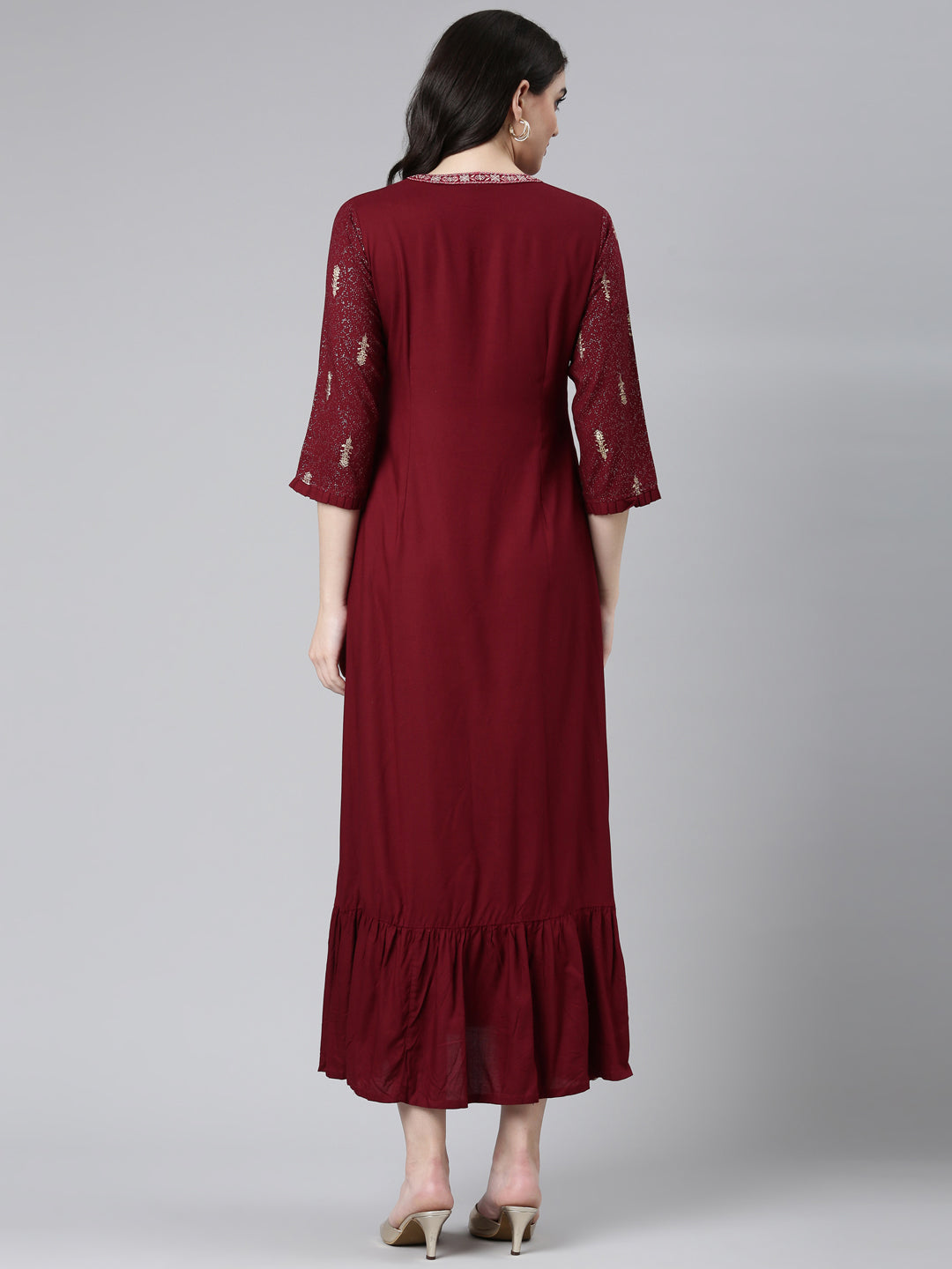 Neerus Maroon Regular Anarkali Printed Kurta
