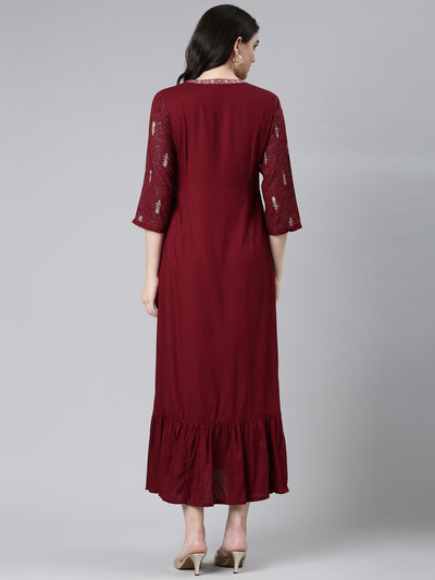 Neerus Maroon Regular Anarkali Printed Kurta