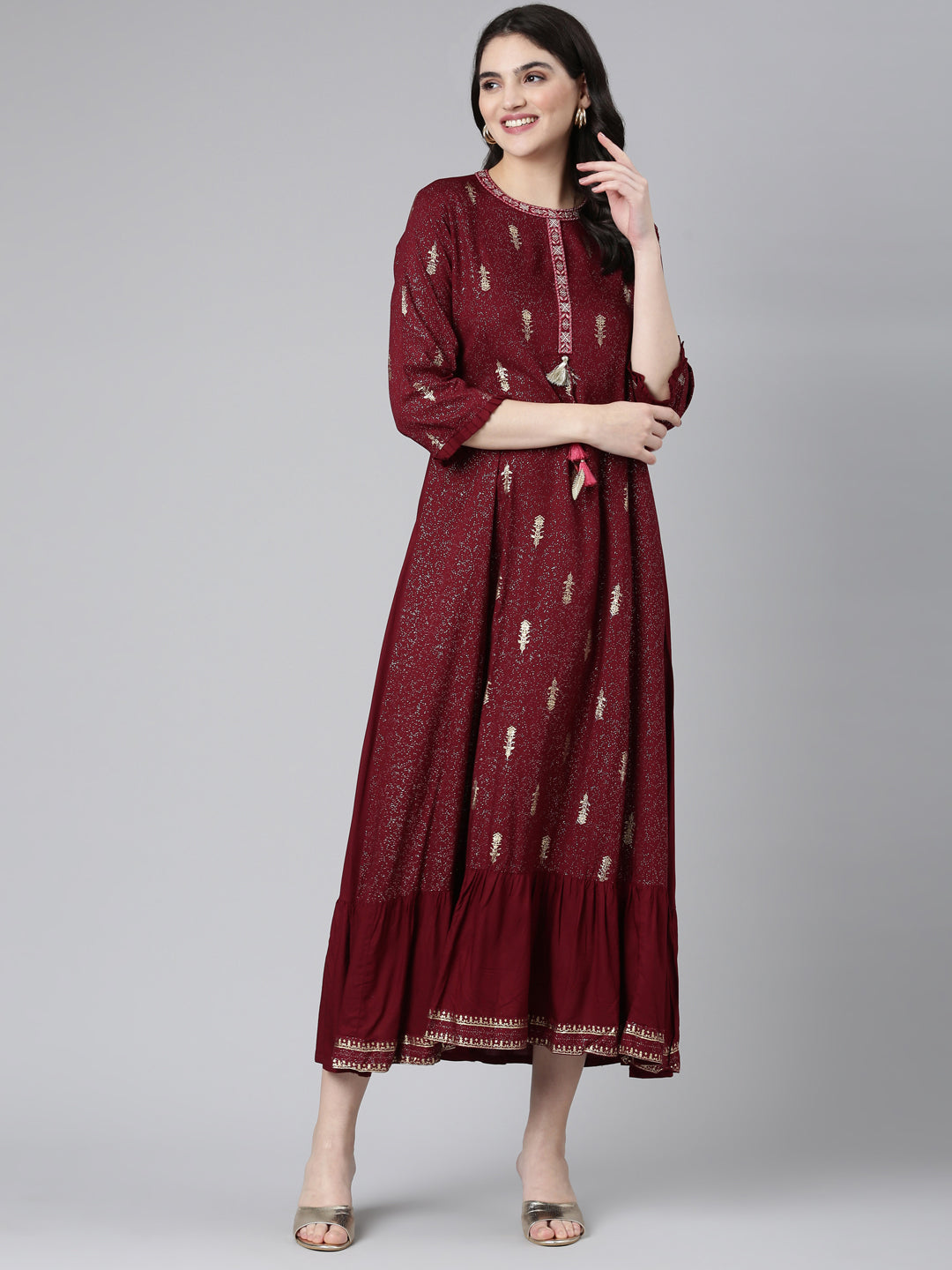 Neerus Maroon Regular Anarkali Printed Kurta