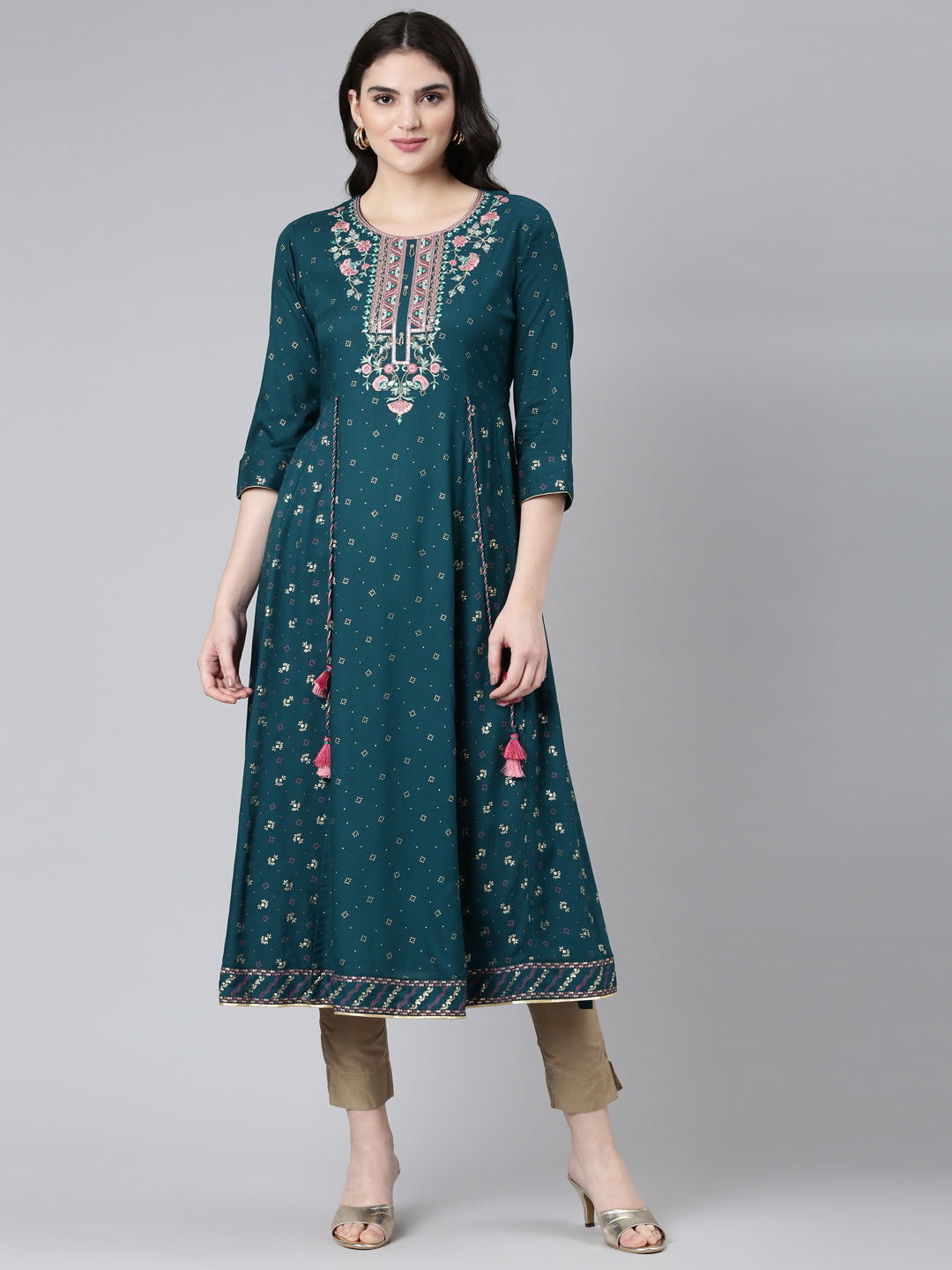 Neerus Green Regular Anarkali Embroidered Kurta