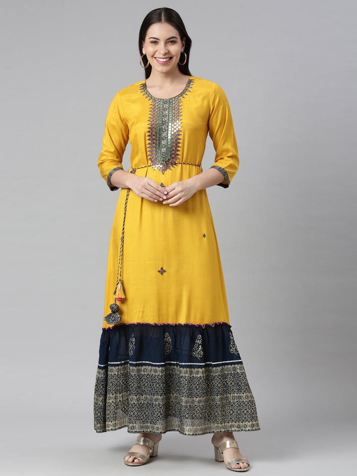 Neerus Mustard Color Rayon Fabric Dress