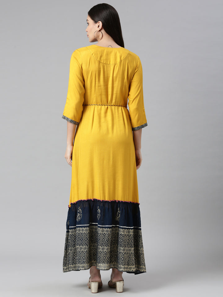 Neerus Mustard Color Rayon Fabric Dress