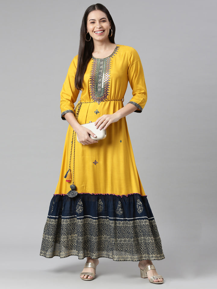 Neerus Mustard Color Rayon Fabric Dress