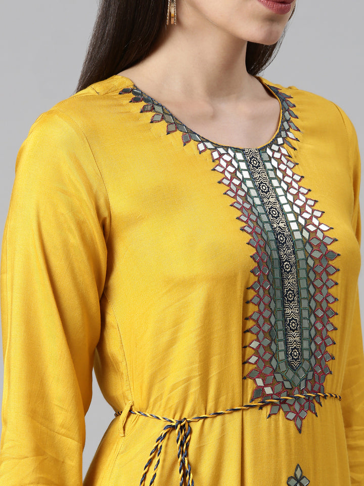 Neerus Mustard Color Rayon Fabric Dress