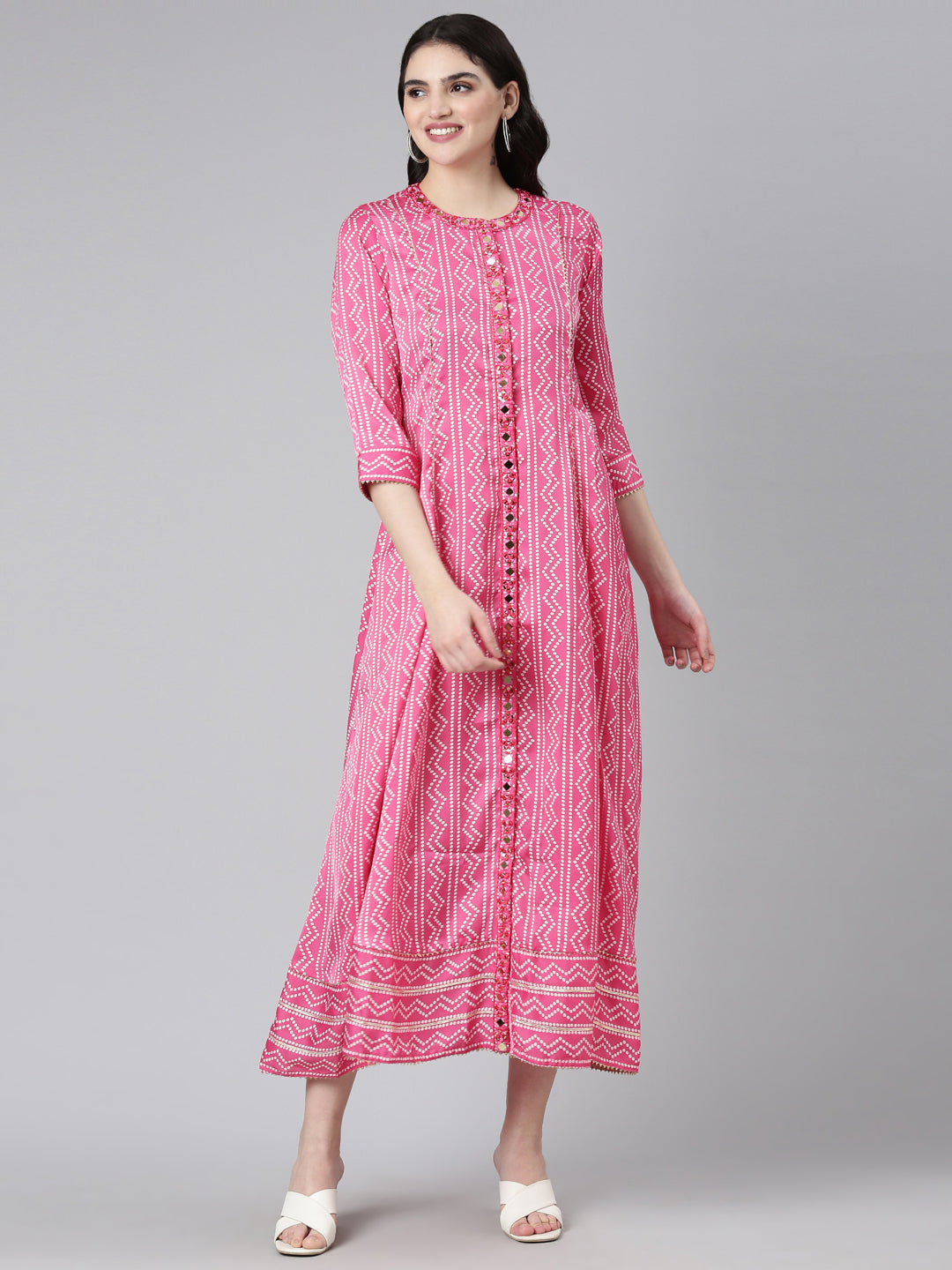Neerus Pink Straight Casual Printed Gown