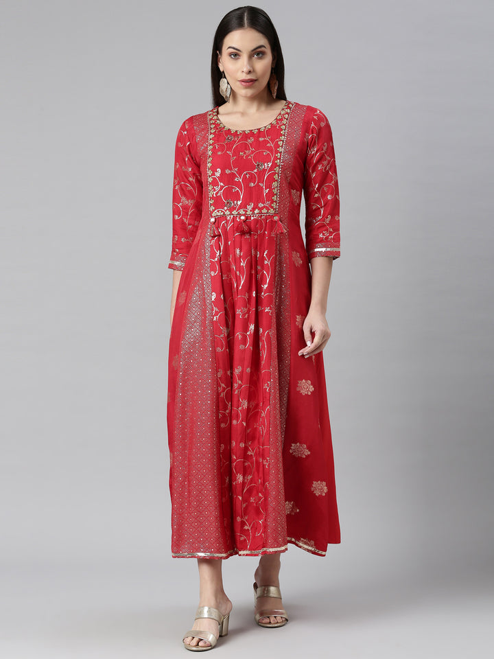Neerus Red Color Silk Fabric Printed Kurta