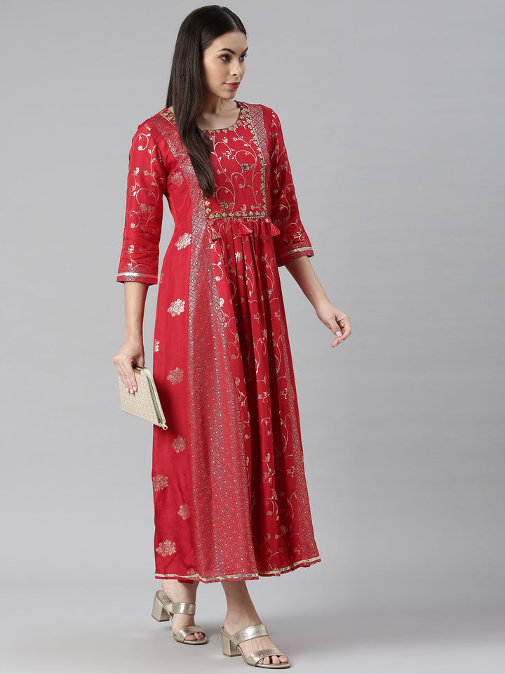 Neerus Red Color Silk Fabric Printed Kurta