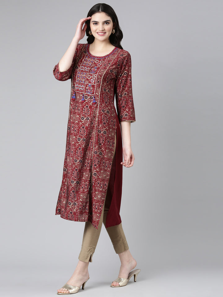 Neerus Maroon Regular Straight Printed Kurta
