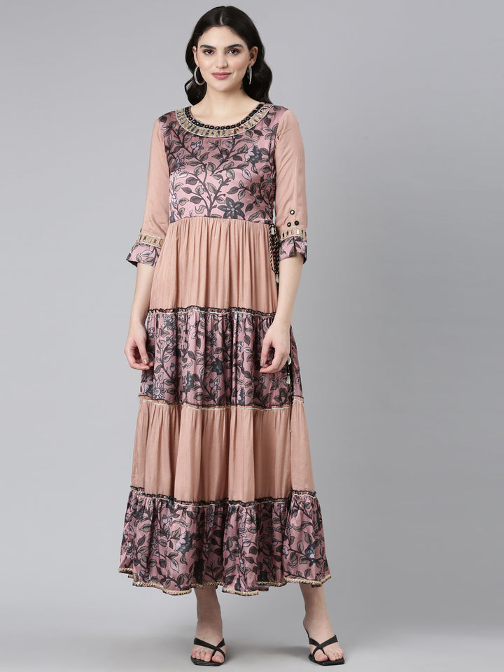 Neerus Pink muslin printed straight dress - front view