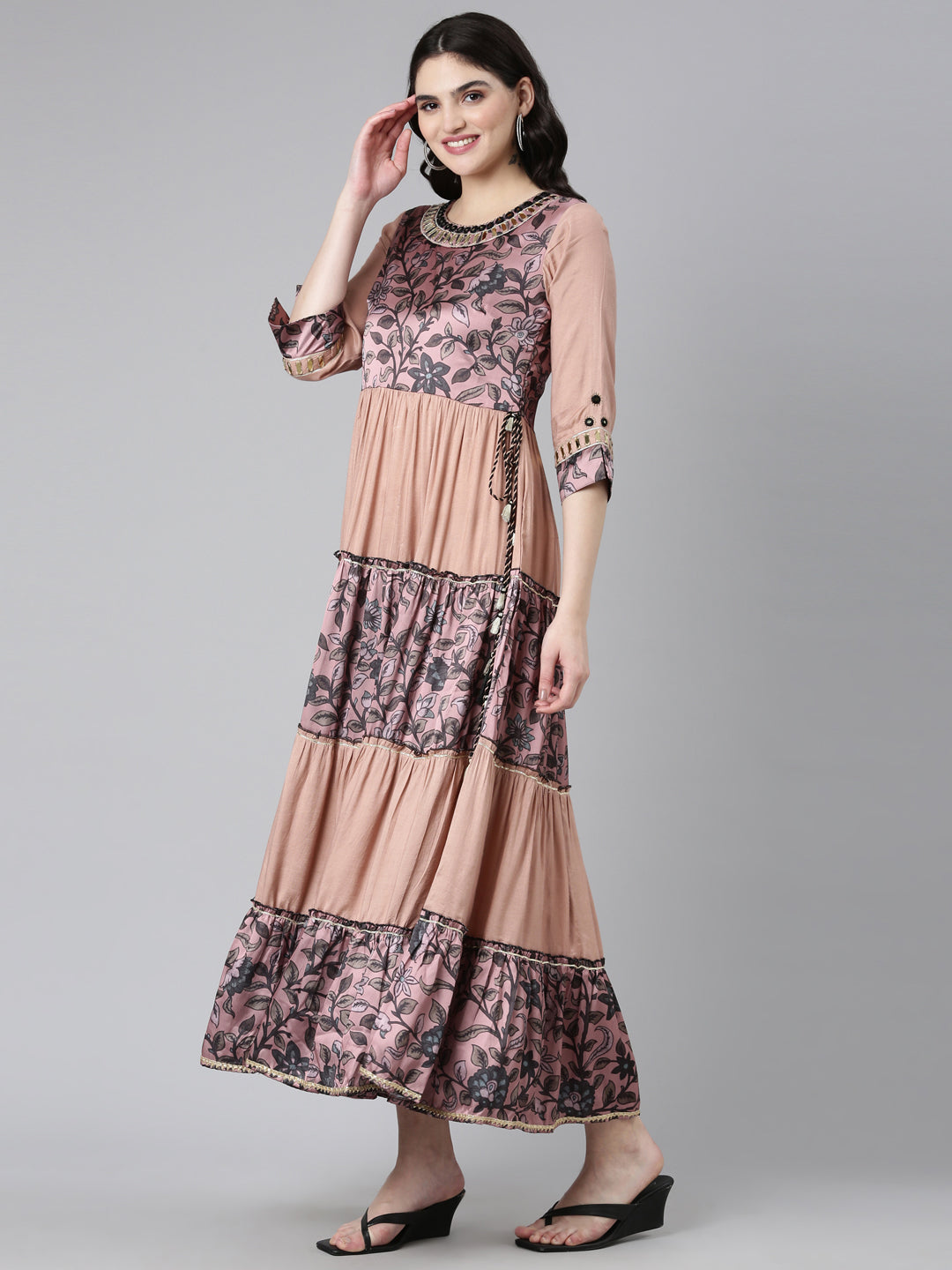 Neerus Pink Straight Casual Printed Gown