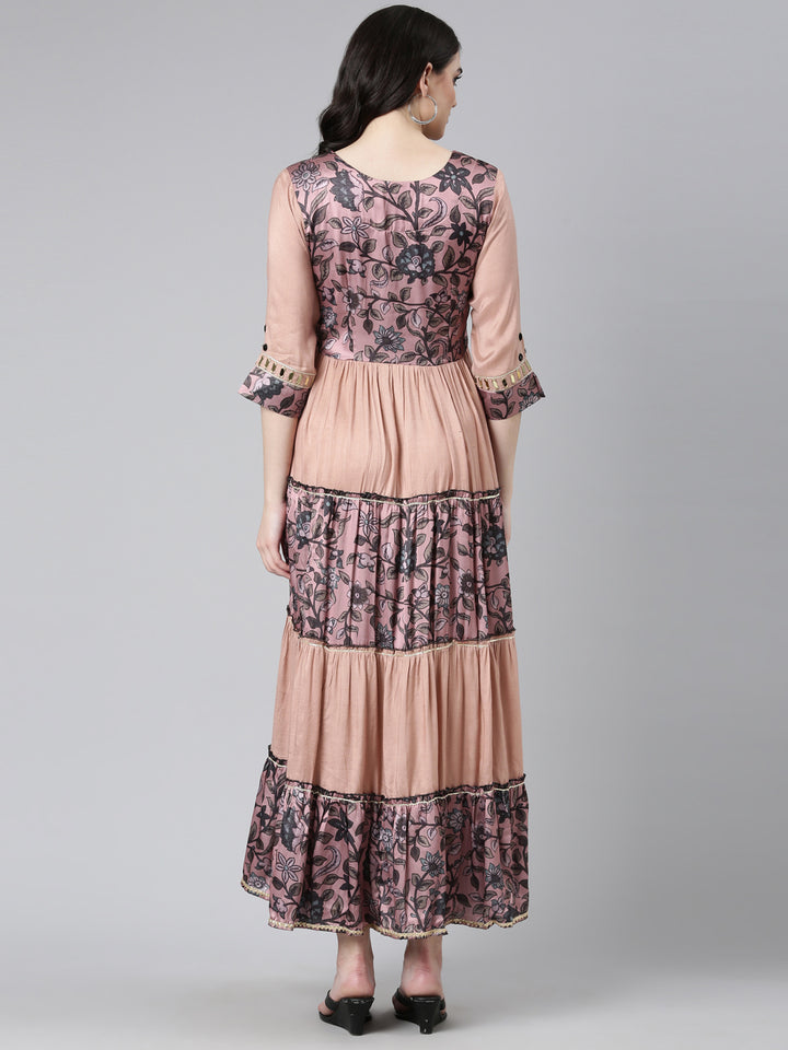 Neerus Pink muslin printed straight dress - side view