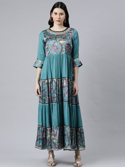 Neeru's Women Blue Floral Printed Bell Sleeves Anarkali Kurta