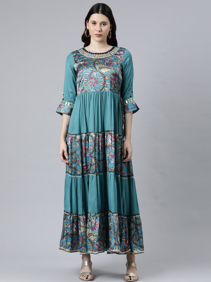 Neerus Rama Color Satin Slik Fabric Printed Floral Dress