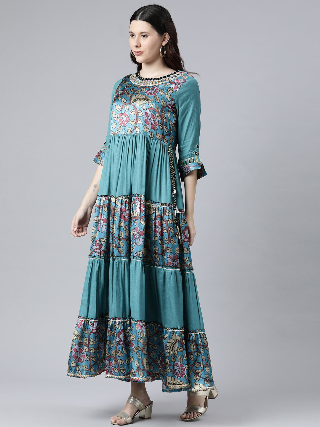 Neerus Women Blue Floral Printed Bell Sleeves Anarkali Kurta