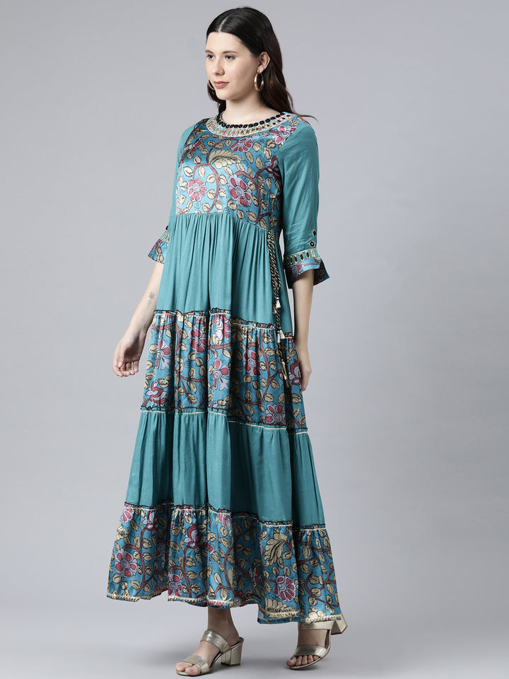Neerus Rama Color Satin Slik Fabric Printed Floral Dress