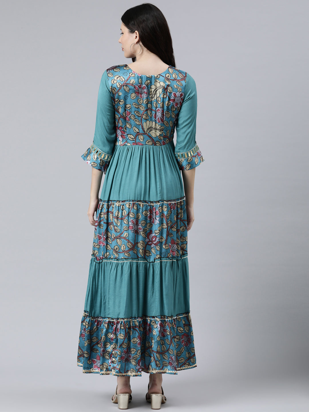 Neerus Women Blue Floral Printed Bell Sleeves Anarkali Kurta