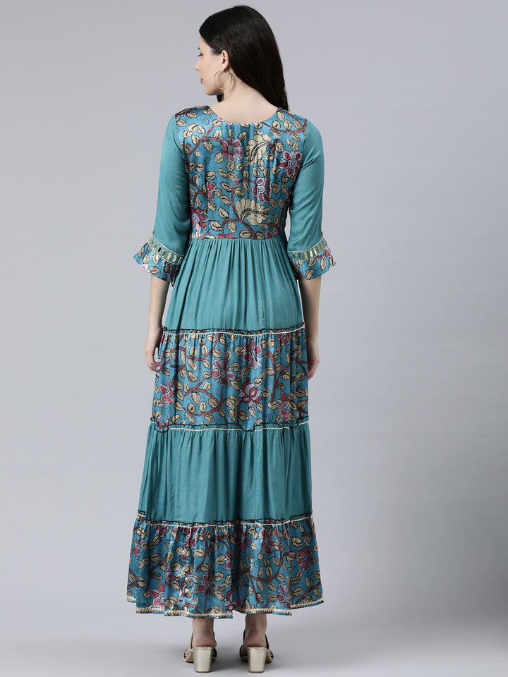 Neerus Women Blue Floral Printed Bell Sleeves Anarkali Kurta