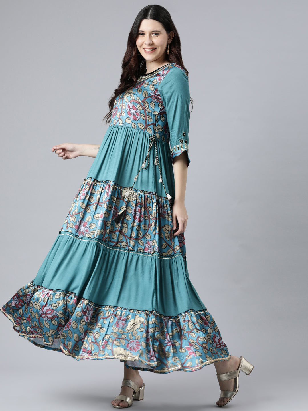 Neerus Rama Color Satin Slik Fabric Printed Floral Dress
