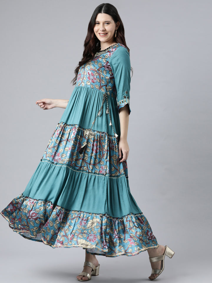 Neerus Rama Color Satin Slik Fabric Printed Floral Dress