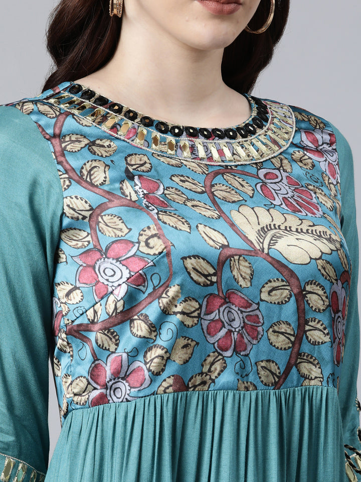 Neerus Women Blue Floral Printed Bell Sleeves Anarkali Kurta