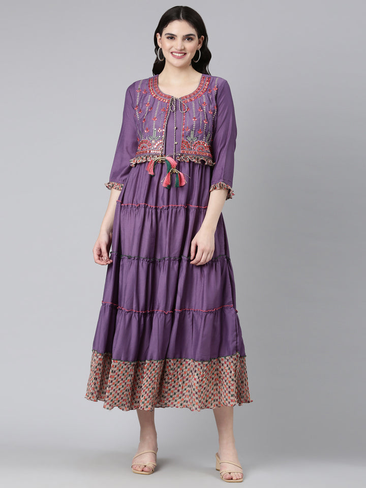 Neerus Purple Straight Casual Embroidered Dress