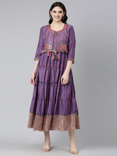 Neerus Purple Straight Casual Embroidered Gown
