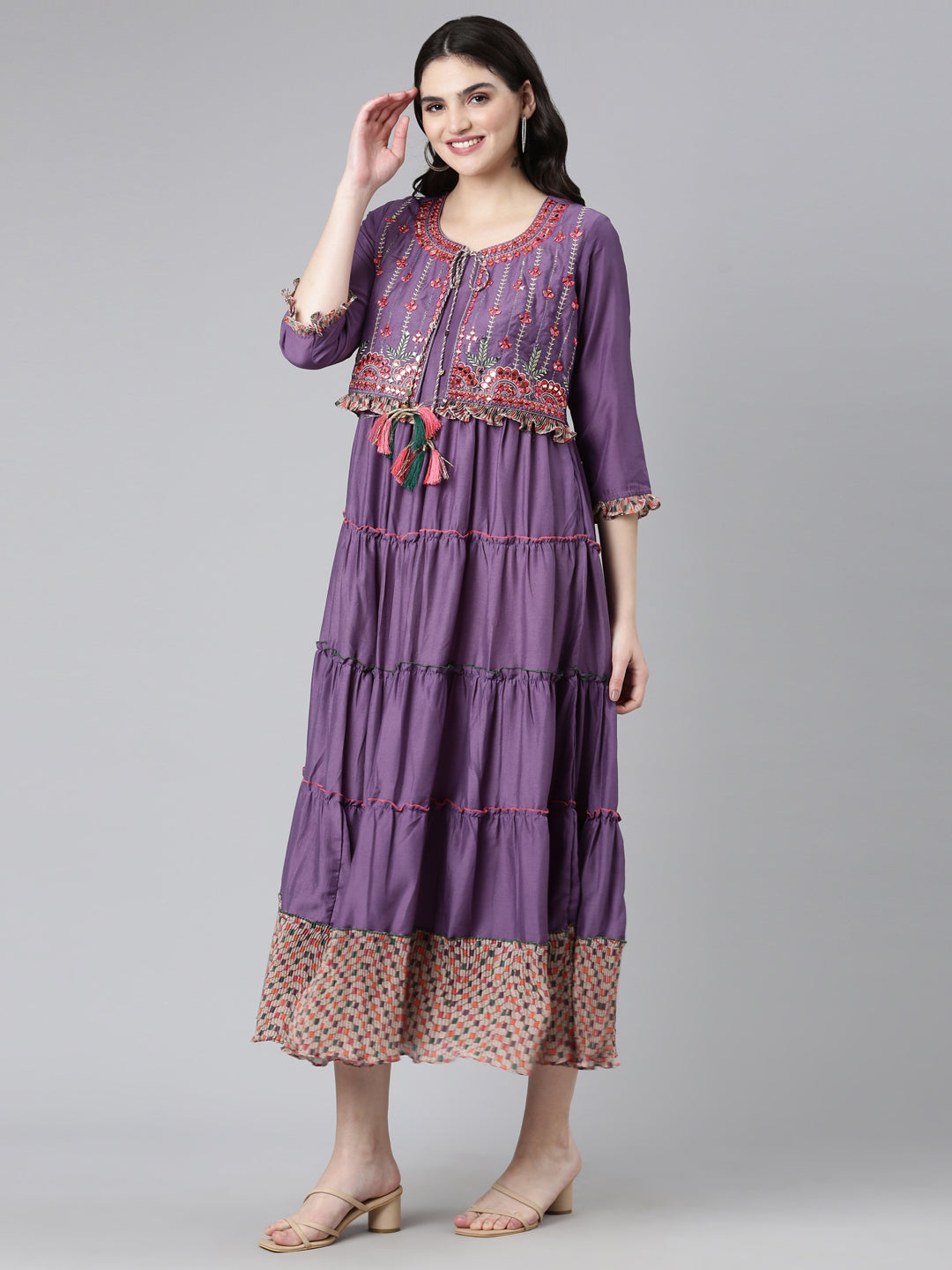 Neerus Purple Straight Casual Embroidered Dress