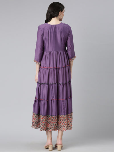 Neerus Purple Straight Casual Embroidered Gown