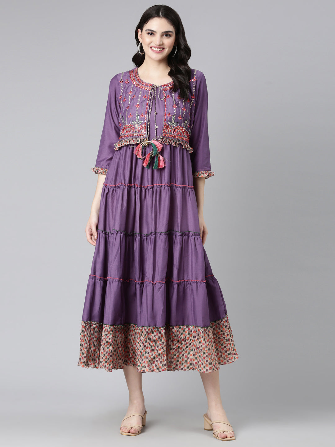 Neerus Purple Straight Casual Embroidered Dress
