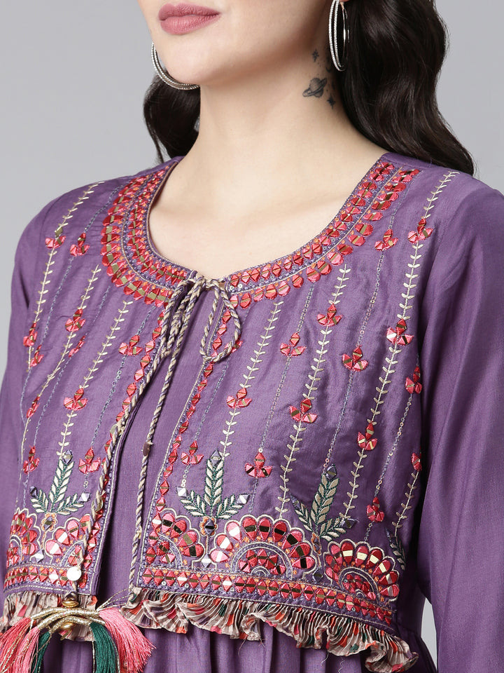 Neerus Purple Straight Casual Embroidered Dress