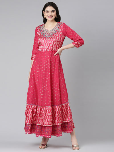 Neeru's Pink Straight Casual Printed Gown