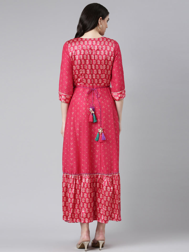 Neerus Pink Straight Casual Printed Dress