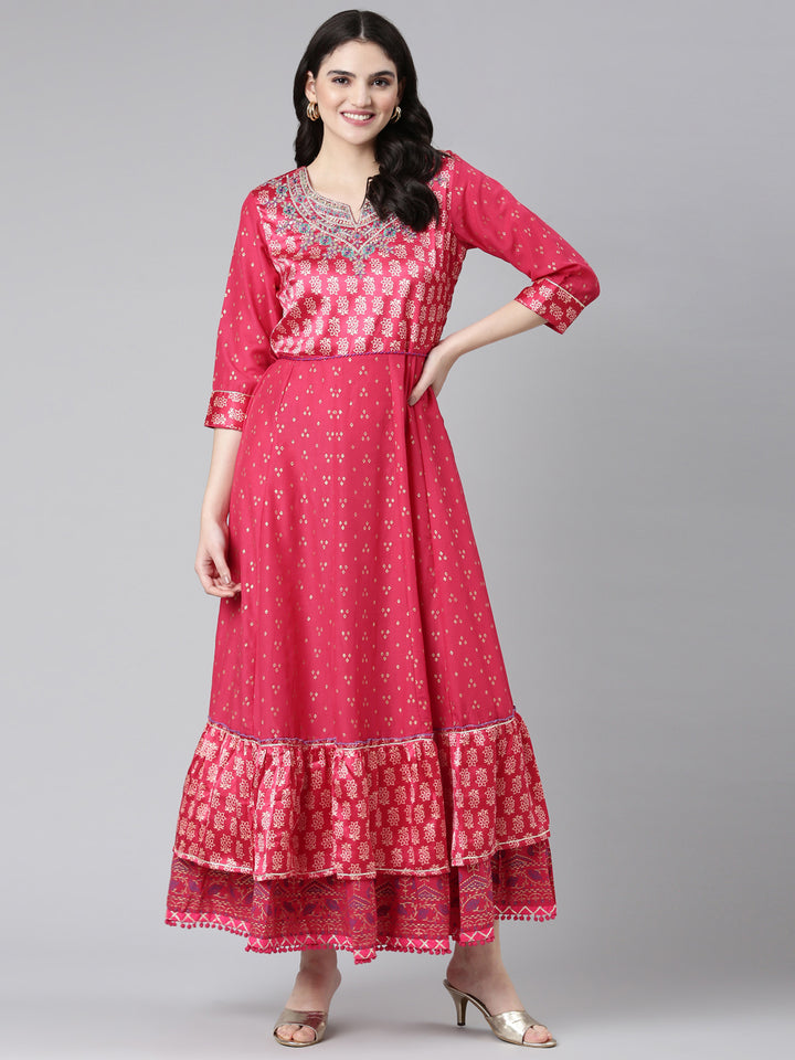 Neerus Pink Straight Casual Printed Dress