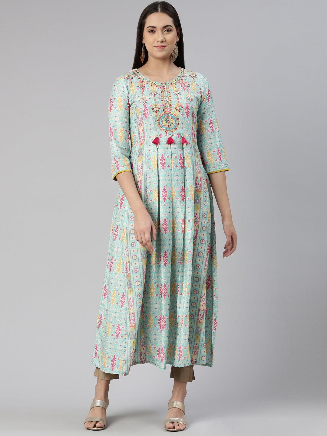 Neerus Round Neck Floral Printed Ethnic Maxi Cotton Dress