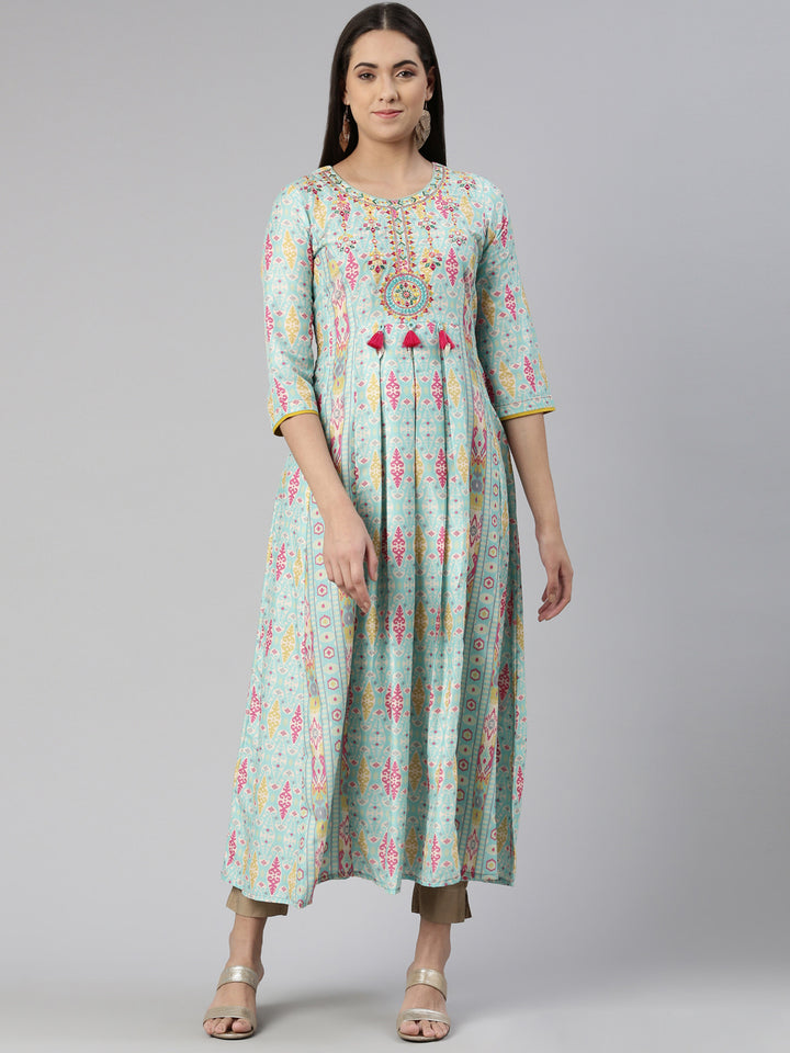 Neerus Round Neck Floral Printed Ethnic Maxi Cotton Dress