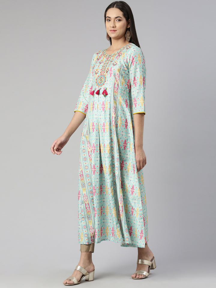 Neerus Round Neck Floral Printed Ethnic Maxi Cotton Dress