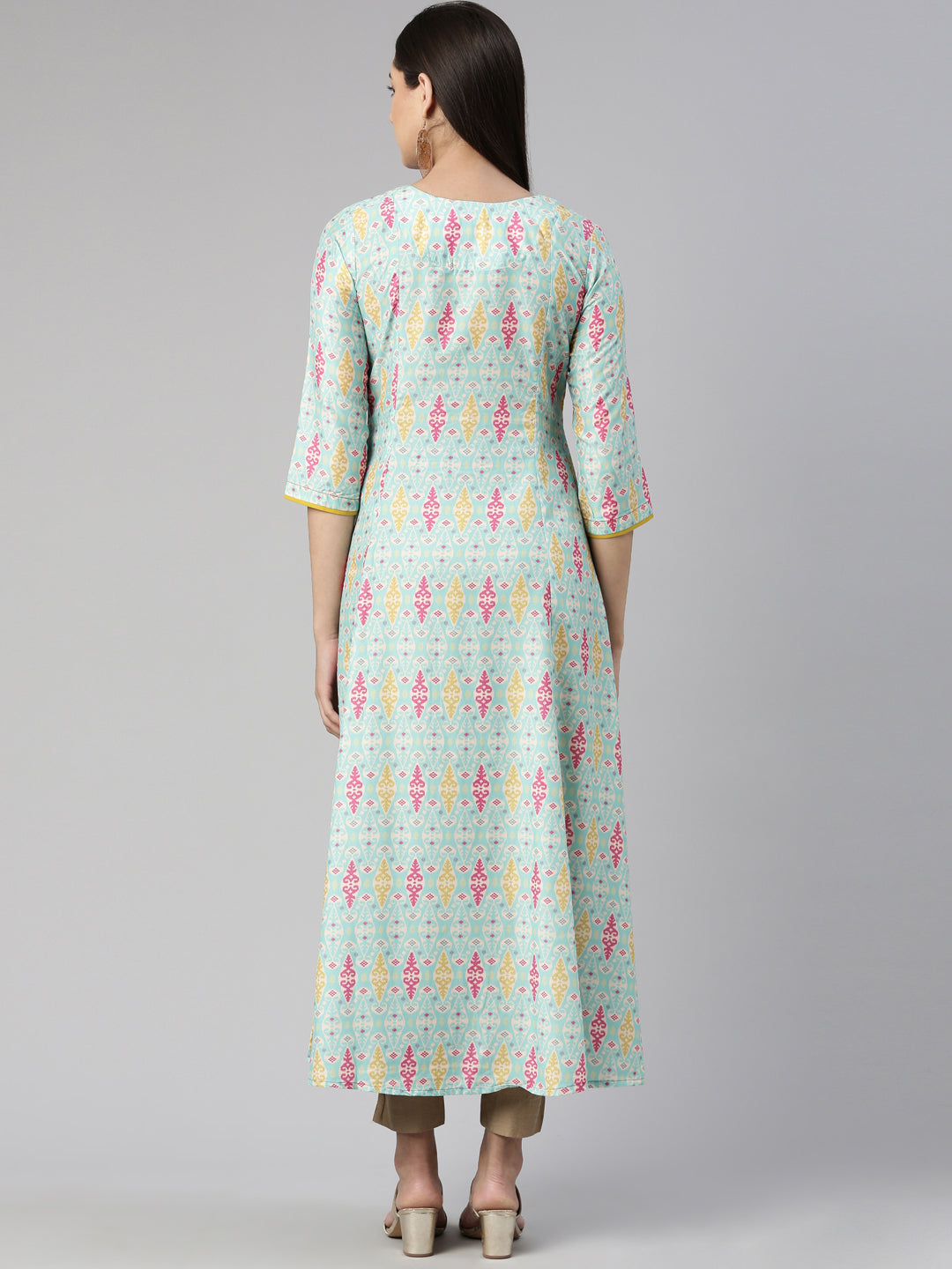 Neerus Round Neck Floral Printed Ethnic Maxi Cotton Dress