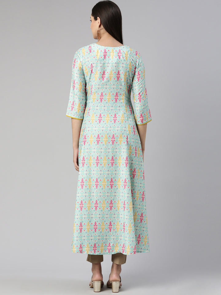 Neerus Round Neck Floral Printed Ethnic Maxi Cotton Dress