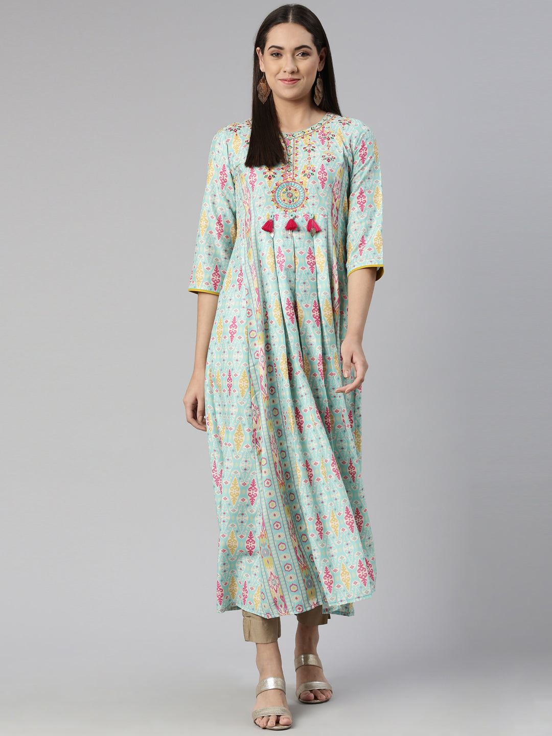 Neerus Round Neck Floral Printed Ethnic Maxi Cotton Dress