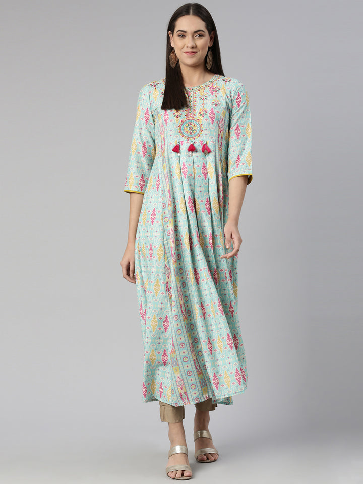 Neerus Round Neck Floral Printed Ethnic Maxi Cotton Dress