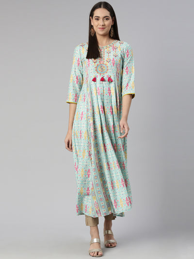 Neerus Round Neck Floral Printed Ethnic Maxi Cotton Dress