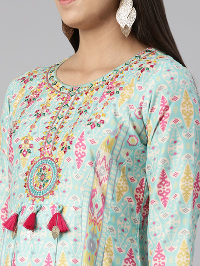 Neerus Round Neck Floral Printed Ethnic Maxi Cotton Dress