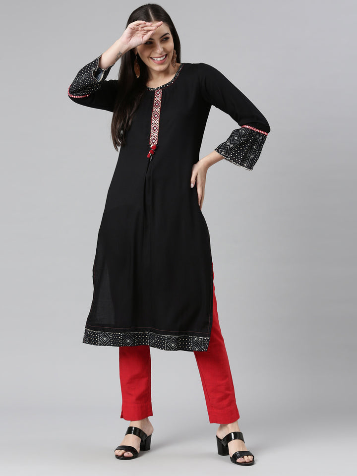 Neerus Black Color Rayon Fabric Kurta