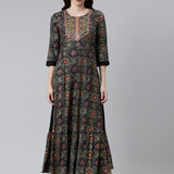 Neerus Black Printed Floral Dress