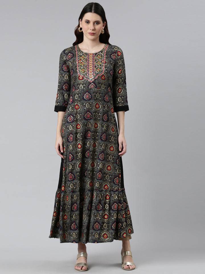 Neerus Black Printed Floral Dress