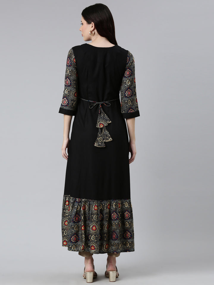 Neerus Black Printed Floral Dress