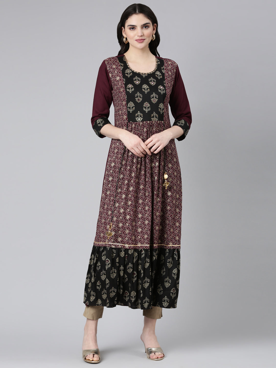 Neerus Multi ethnic printed mirror work A-line kurta - front view