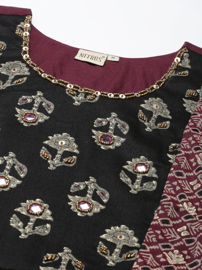 Neerus Ethnic Motifs Printed Mirror Work  Gathered A Line Kurta