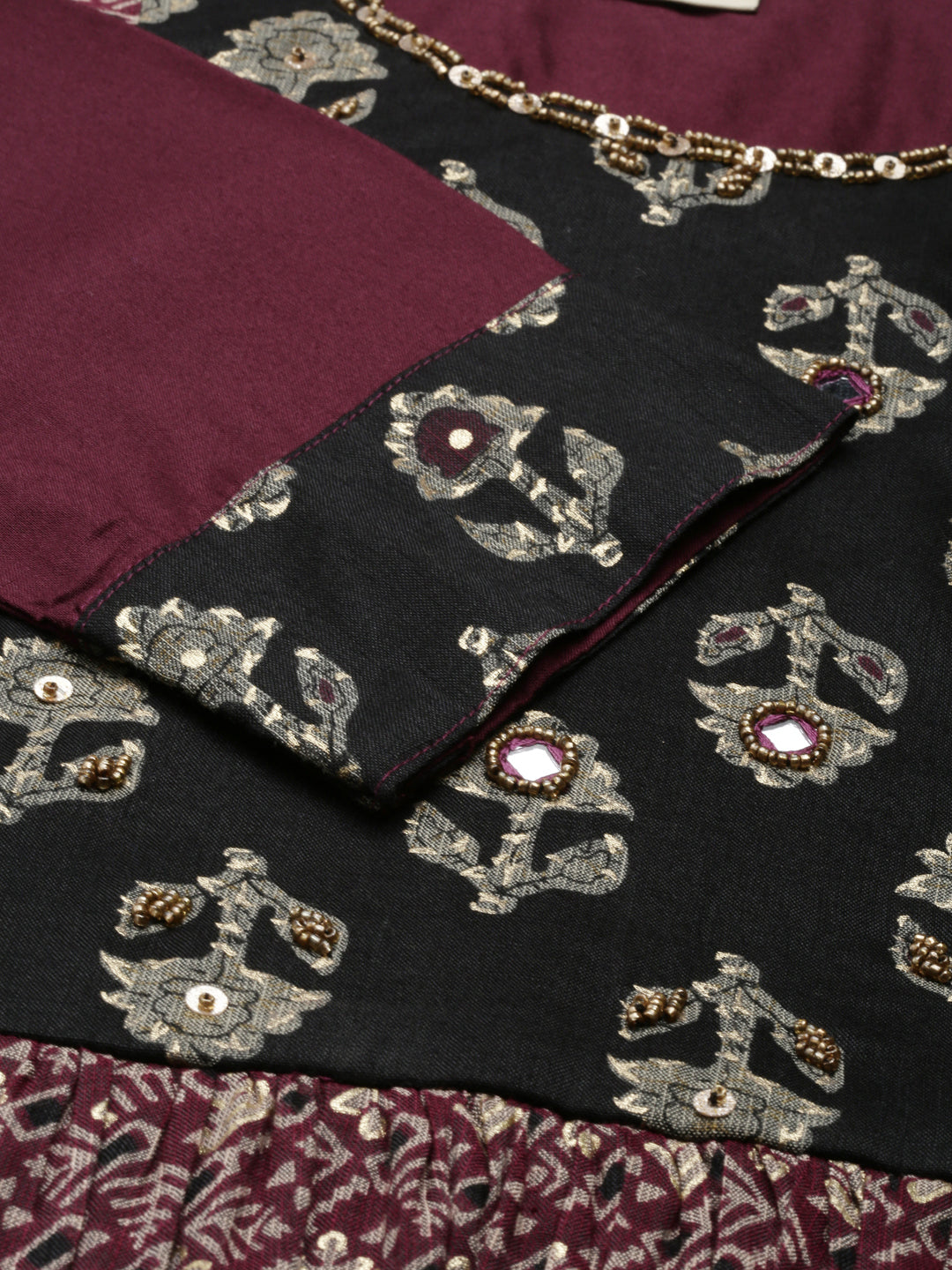 Neerus Ethnic Motifs Printed Mirror Work  Gathered A Line Kurta