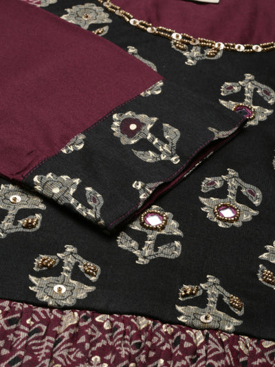 Neerus Ethnic Motifs Printed Mirror Work  Gathered A Line Kurta